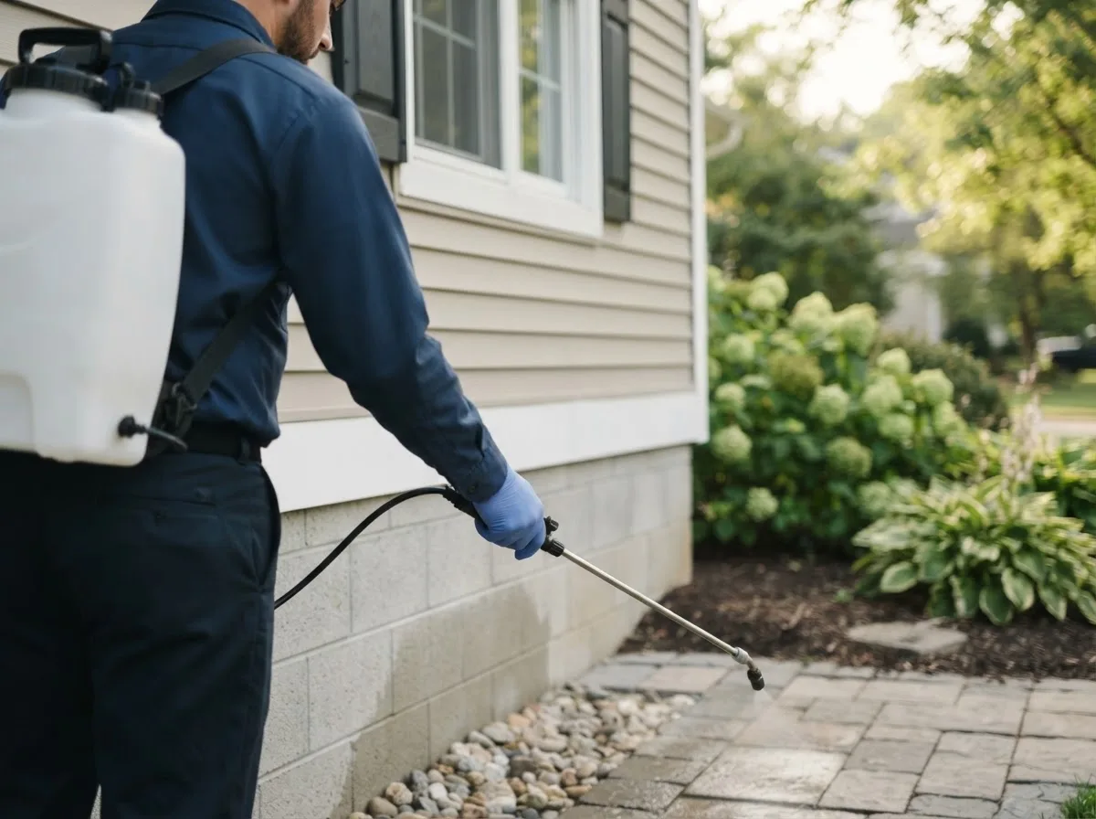 Pest control technician inspecting a home in Durhamville, NY